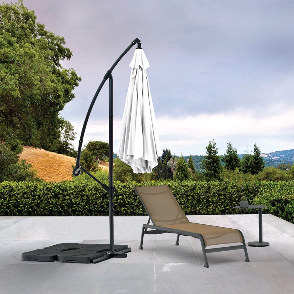 97" White Polyester Hexagonal Cantilever Patio Umbrella with Stand