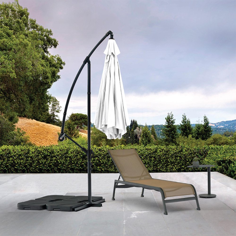9.5' White Polyester Hexagonal Cantilever Patio Umbrella with Stand