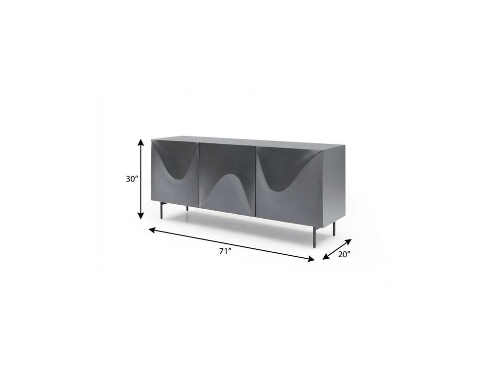 71" Dark Gray Wood Carved Abstract Sideboard With Three Doors