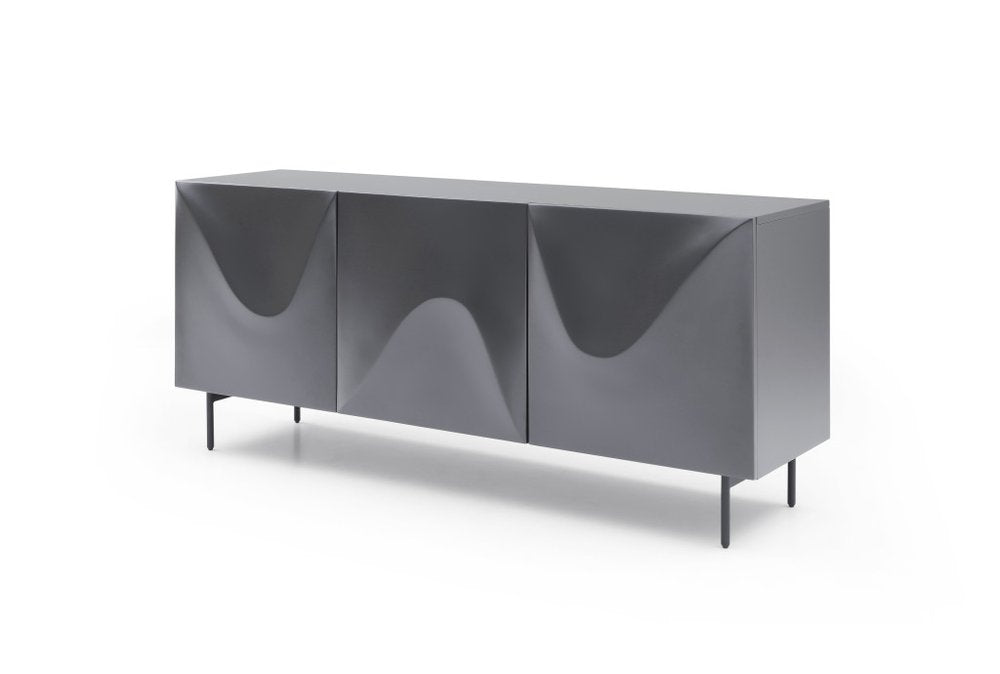 71" Dark Gray Wood Carved Abstract Sideboard With Three Doors
