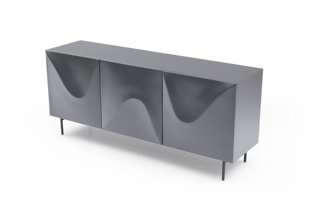 71" Dark Gray Wood Carved Abstract Sideboard With Three Doors