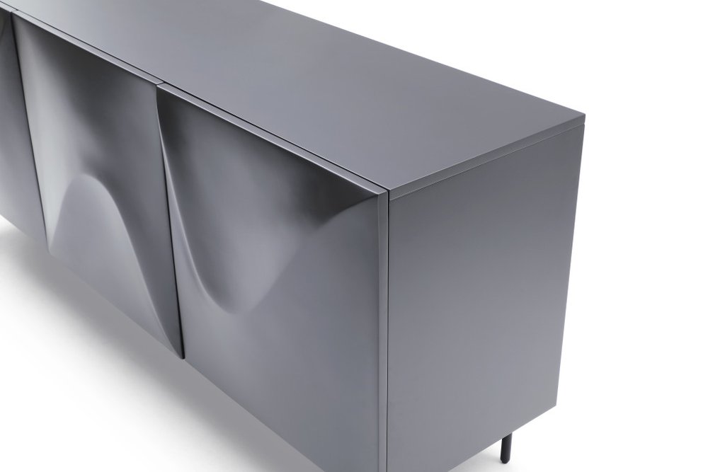 71" Dark Gray Wood Carved Abstract Sideboard With Three Doors