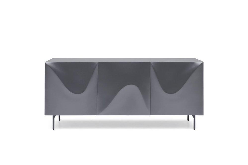 71" Dark Gray Wood Carved Abstract Sideboard With Three Doors