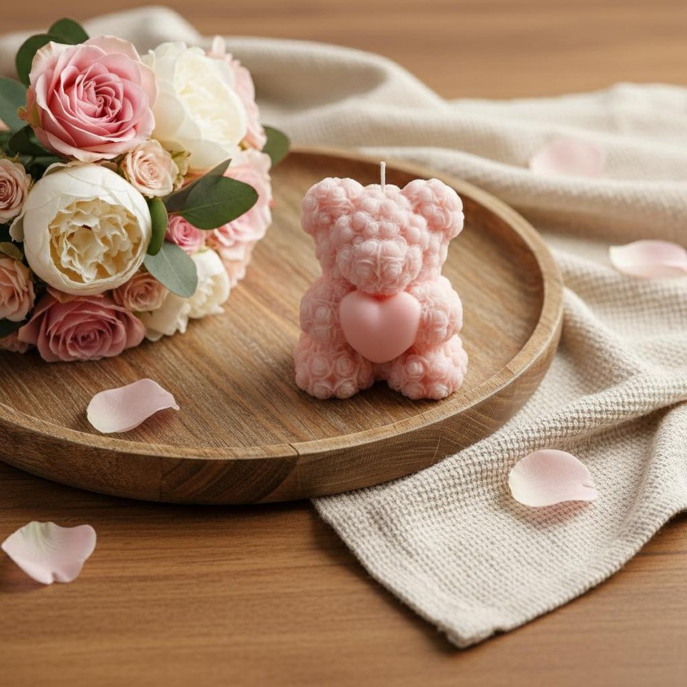 4" Pink Rose Petals Scented Dimensional Teddy Bear Candle