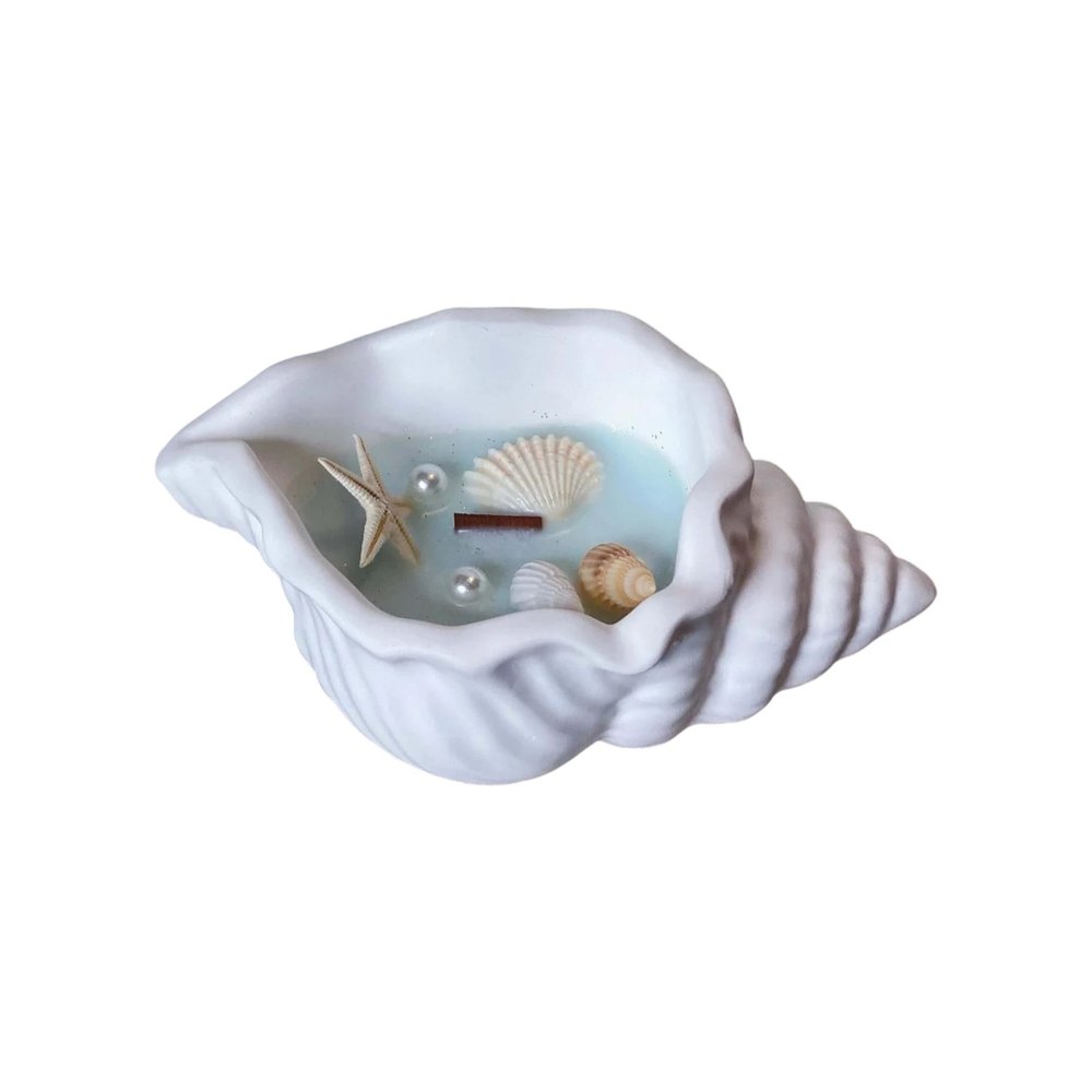 6" Light Blue Unscented Soy Wax Candle In White Resin Novelty Holder With Seashells