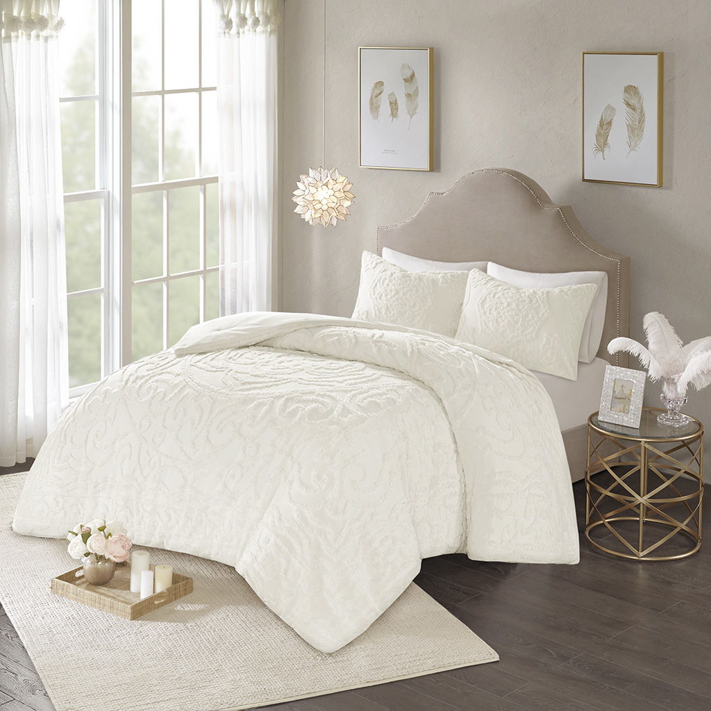 Laetitia - King 3 Piece Tufted Medallion Duvet Cover Set - Off White