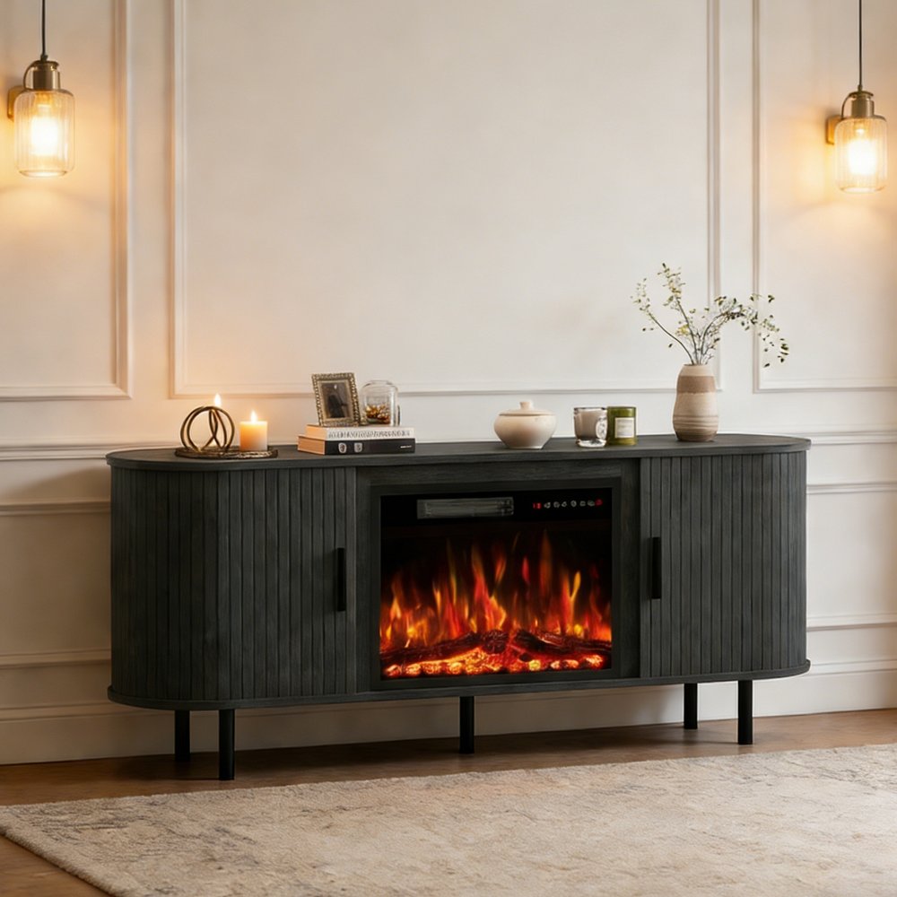 65" Black Wood Fireplace Entertainment Center With Fireplace