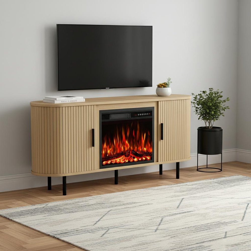 65" White Wood Fireplace Entertainment Center With Fireplace
