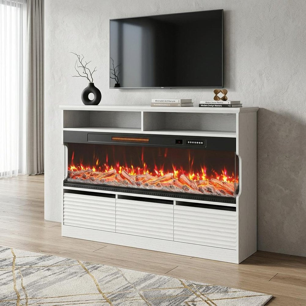 53" White Wood Fireplace Entertainment Center With Fireplace