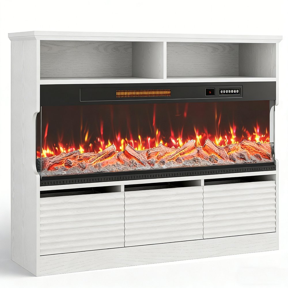 53" White Wood Fireplace Entertainment Center With Fireplace
