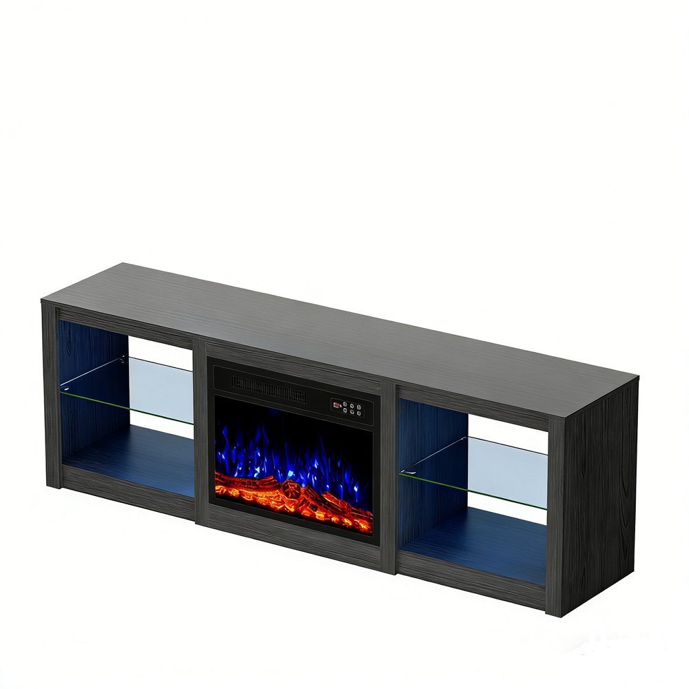70" Black Wood Fireplace Entertainment Center With Fireplace
