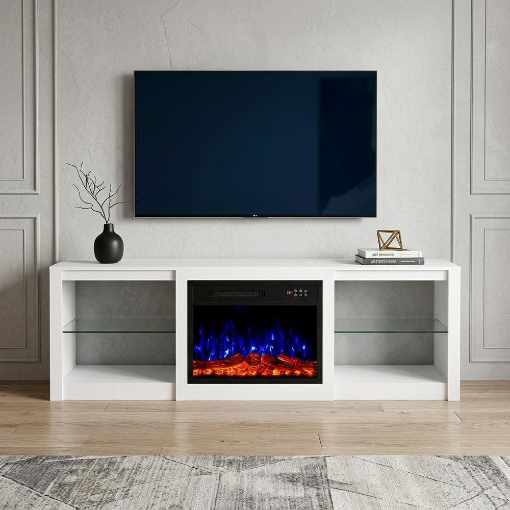 70" White Wood Fireplace Entertainment Center With Fireplace