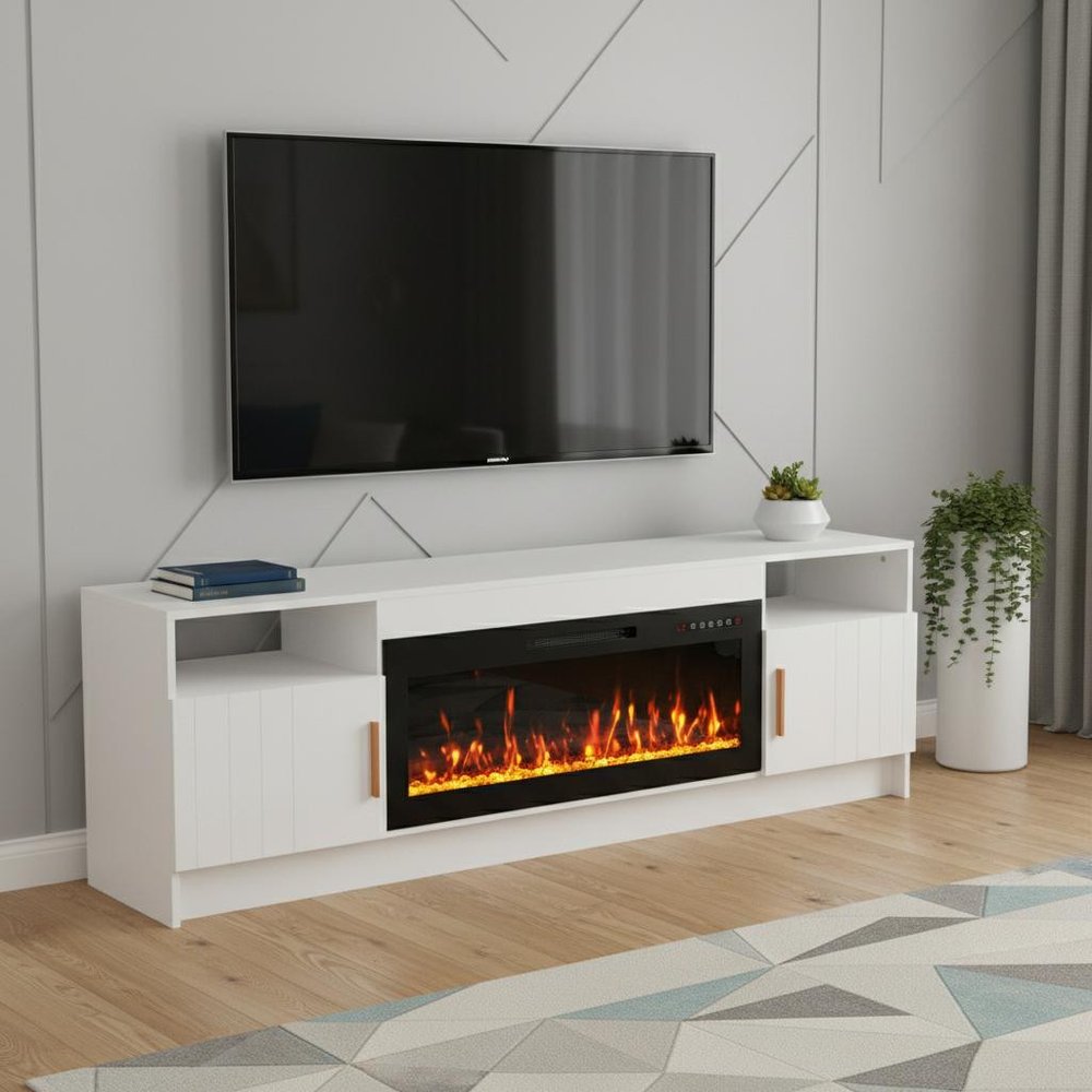 70" White Wood Fireplace Entertainment Center With Fireplace