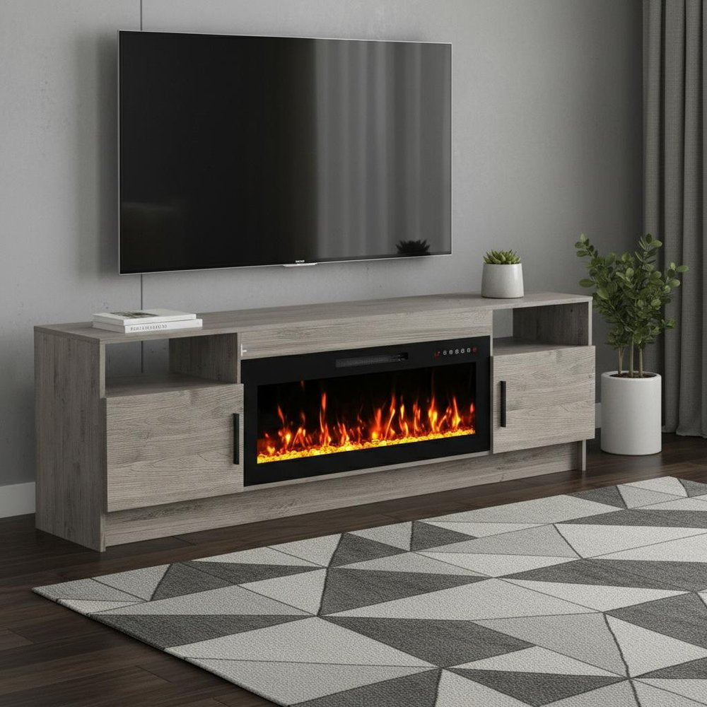 70" Gray Wood Fireplace Entertainment Center With Fireplace