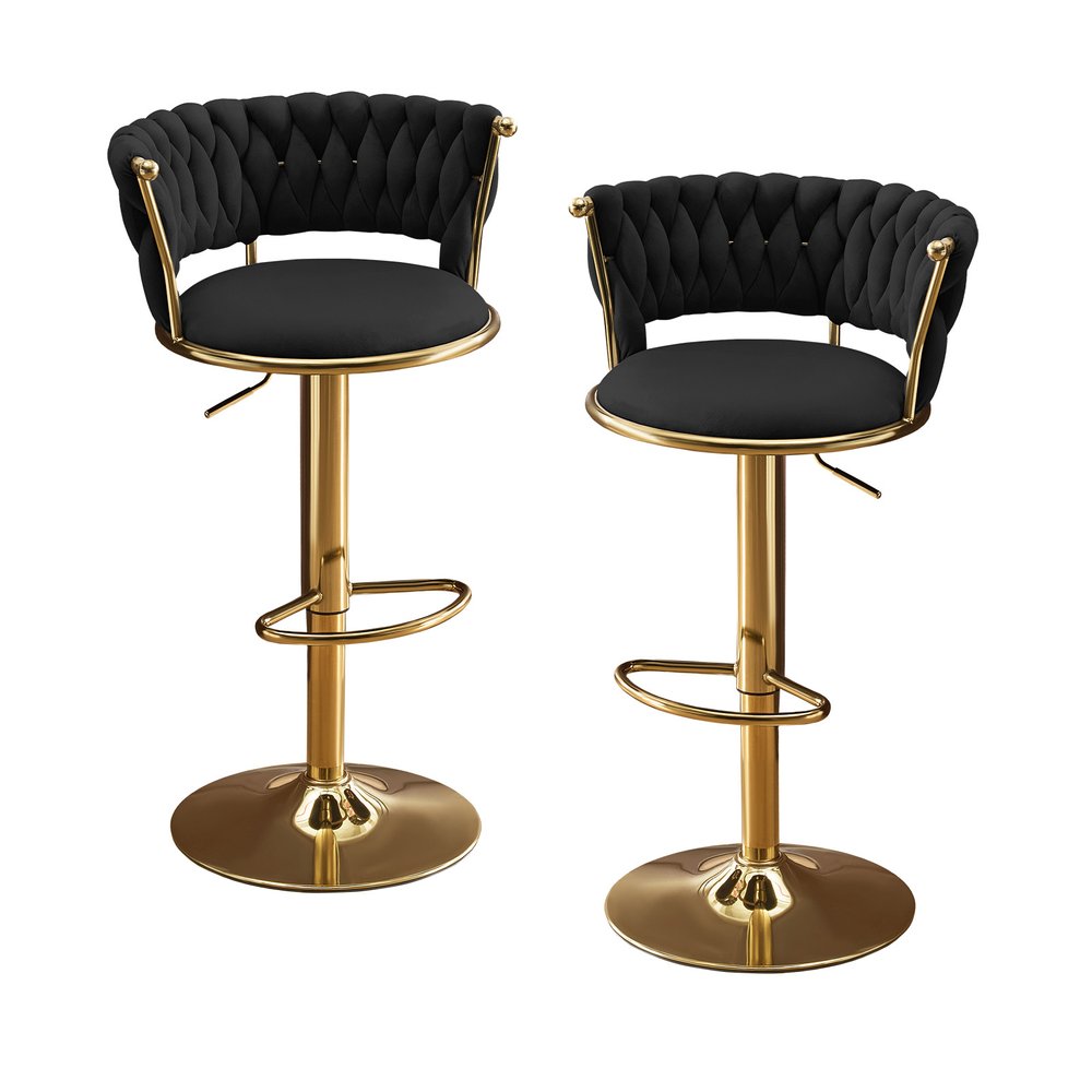 Set of Two Black and Gold Velvet and Metal Low Back Adjustable Height Swivel Bar Chairs
