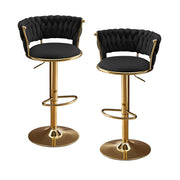 Set of Two Black and Gold Velvet and Metal Low Back Adjustable Height Swivel Bar Chairs
