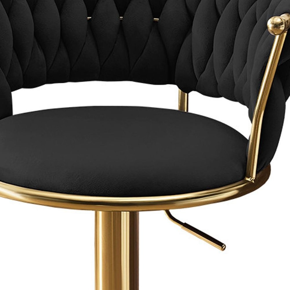 Set of Two Black and Gold Velvet and Metal Low Back Adjustable Height Swivel Bar Chairs