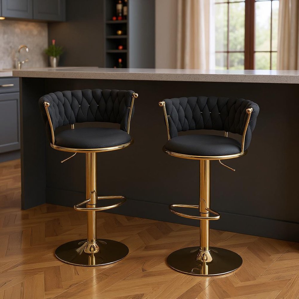 Set of Two Black and Gold Velvet and Metal Low Back Adjustable Height Swivel Bar Chairs