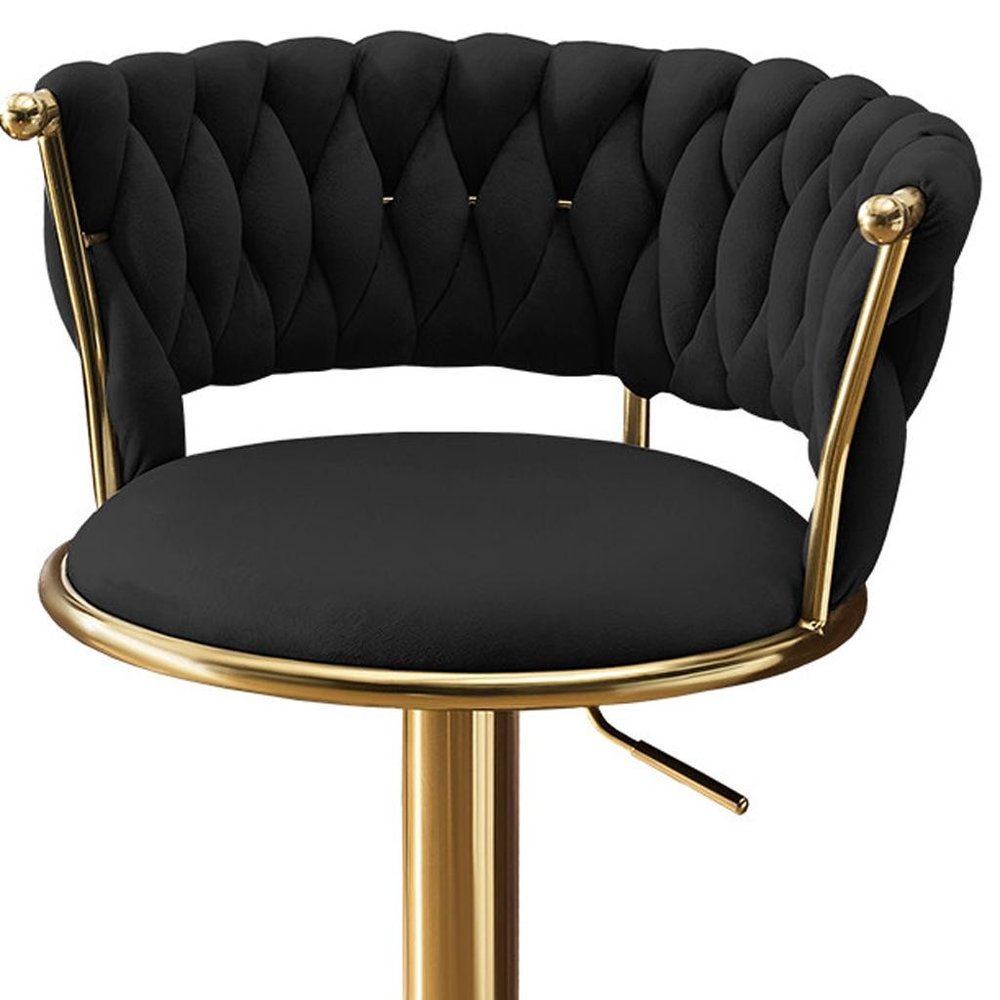 Set of Two Black and Gold Velvet and Metal Low Back Adjustable Height Swivel Bar Chairs