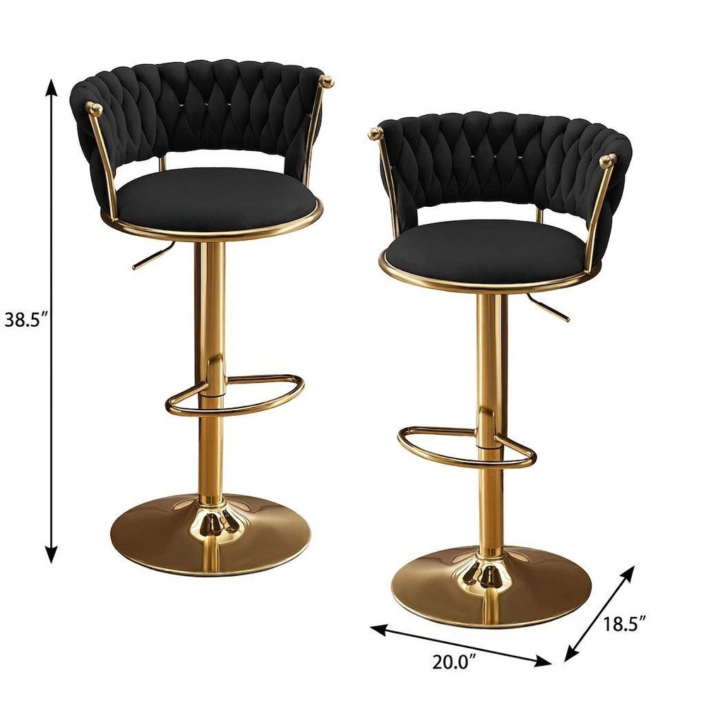 Set of Two Black and Gold Velvet and Metal Low Back Adjustable Height Swivel Bar Chairs