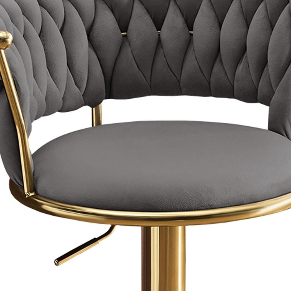 Set of Two Gray and Gold Velvet and Metal Low Back Adjustable Height Swivel Bar Chairs