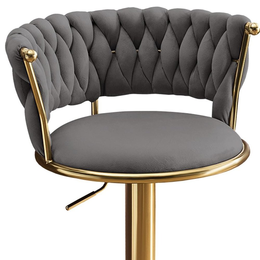 Set of Two Gray and Gold Velvet and Metal Low Back Adjustable Height Swivel Bar Chairs
