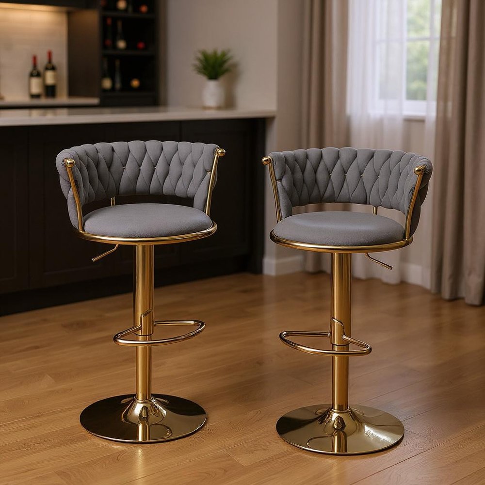Set of Two Gray and Gold Velvet and Metal Low Back Adjustable Height Swivel Bar Chairs