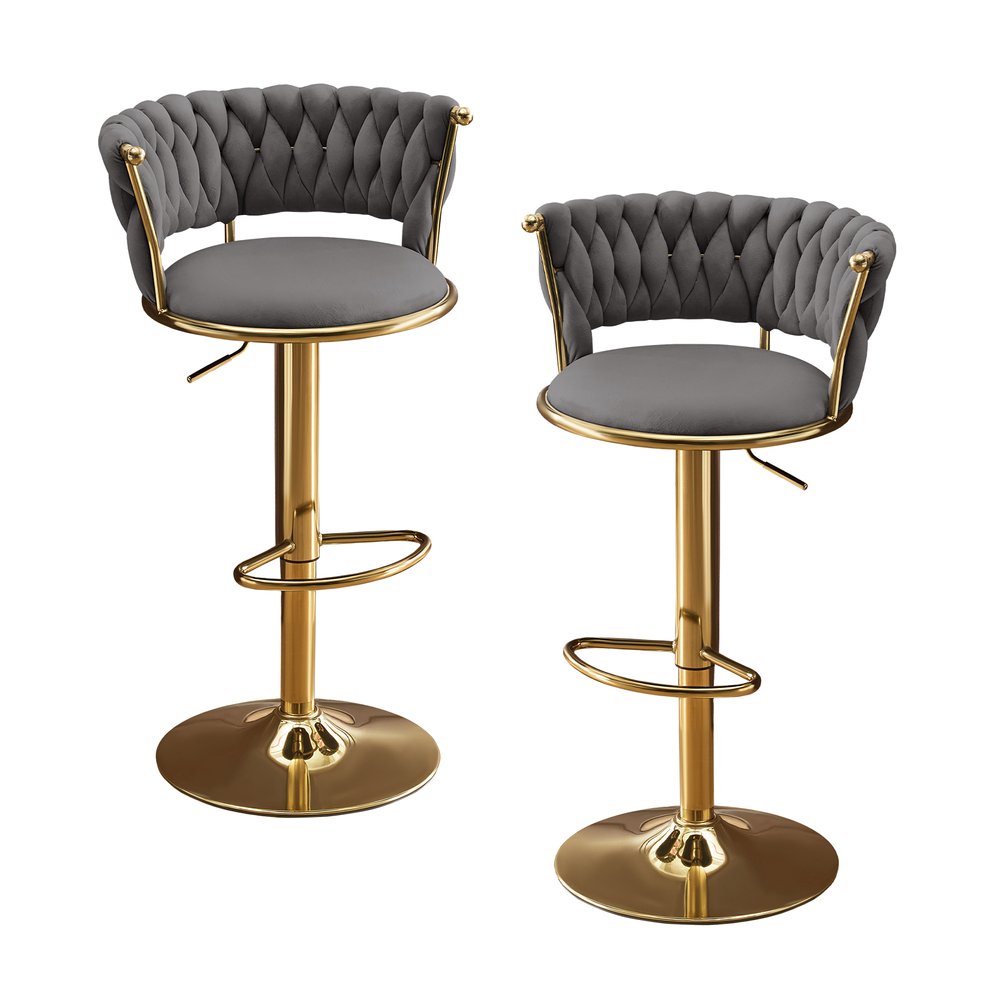 Set of Two Gray and Gold Velvet and Metal Low Back Adjustable Height Swivel Bar Chairs