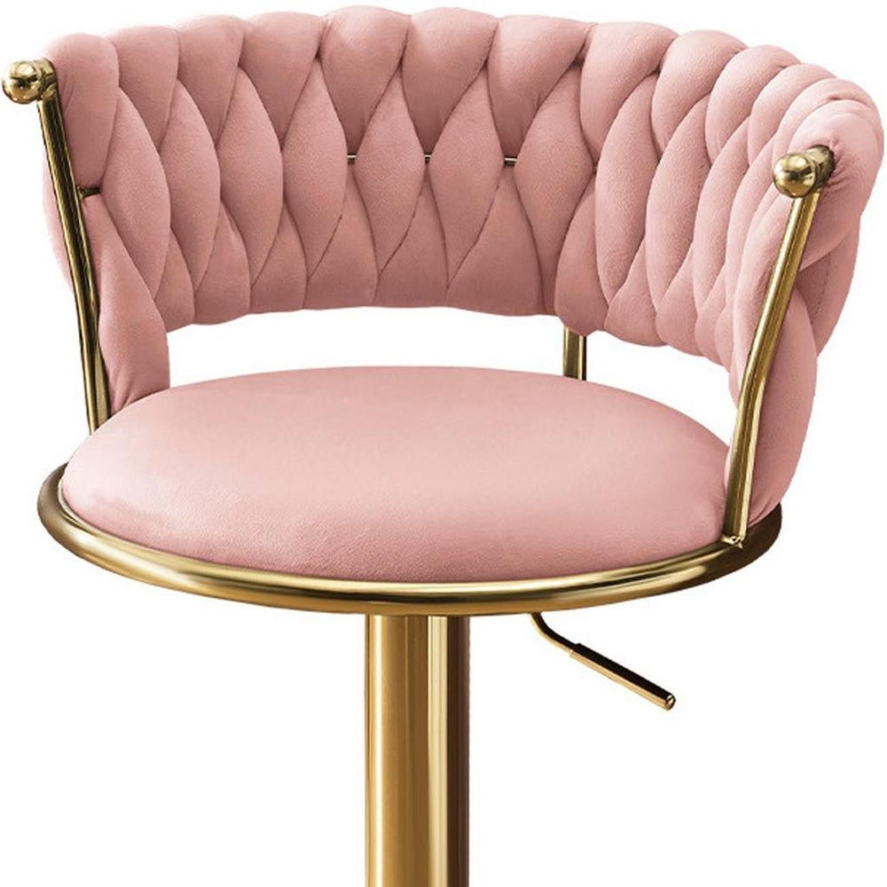 Set of Two Pink and Gold Velvet and Metal Low Back Adjustable Height Swivel Bar Chairs