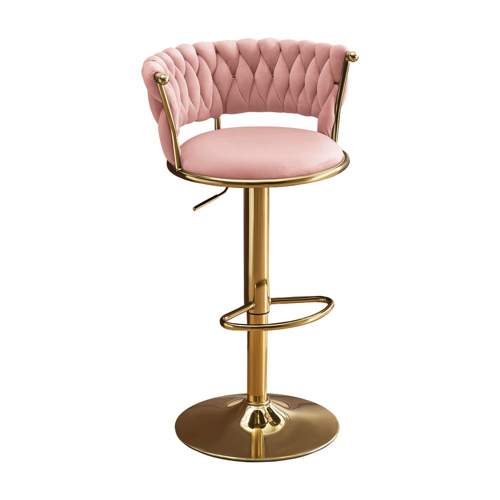 Set of Two Pink and Gold Velvet and Metal Low Back Adjustable Height Swivel Bar Chairs