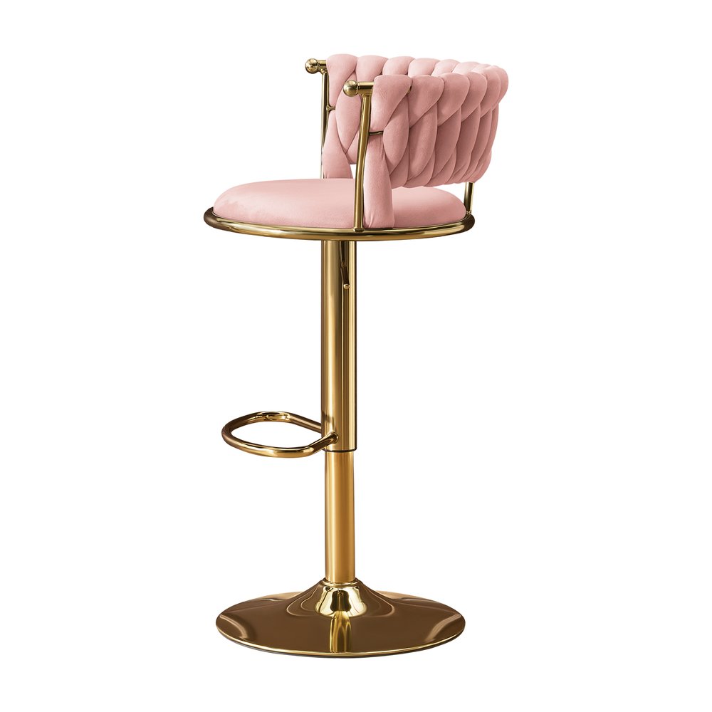 Set of Two Pink and Gold Velvet and Metal Low Back Adjustable Height Swivel Bar Chairs