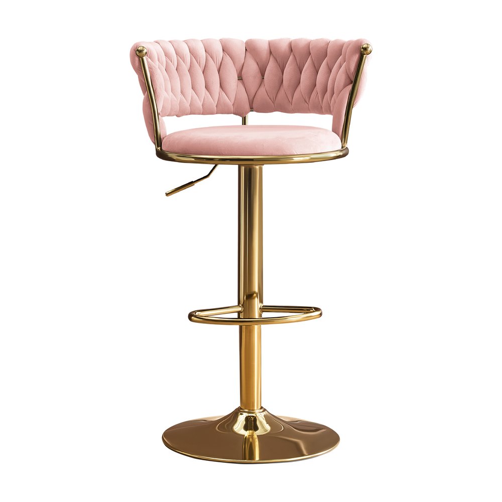 Set of Two Pink and Gold Velvet and Metal Low Back Adjustable Height Swivel Bar Chairs