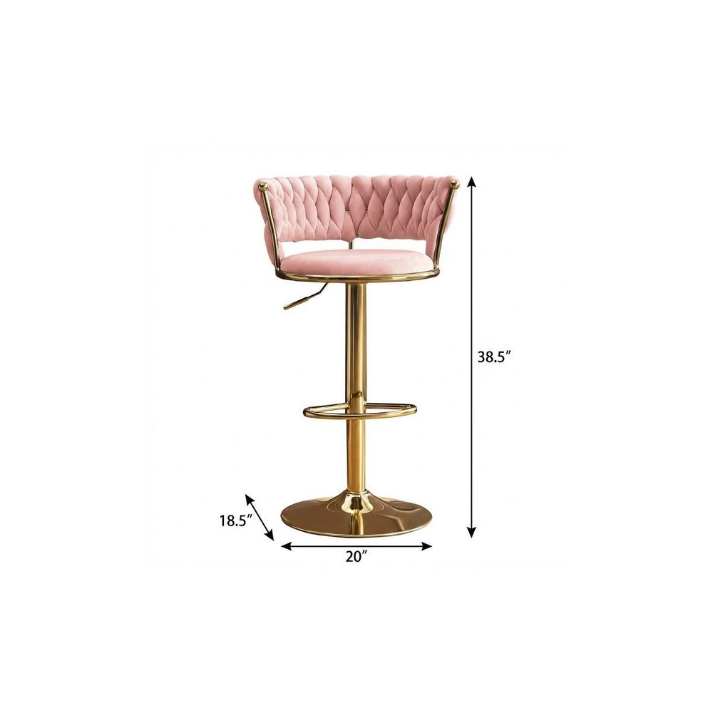 Set of Two Pink and Gold Velvet and Metal Low Back Adjustable Height Swivel Bar Chairs