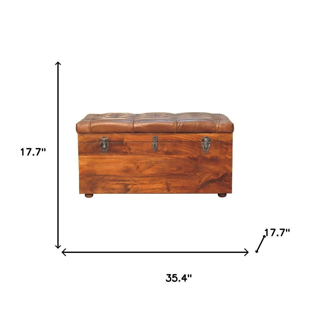 35" Brown Solid Wood Storage Bench