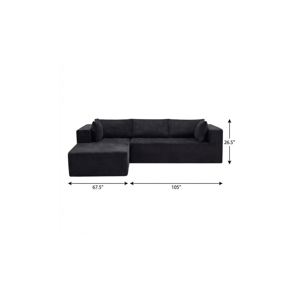 105" Black Corduroy Modular Left Chaise Style Sofa With Toss Pillows