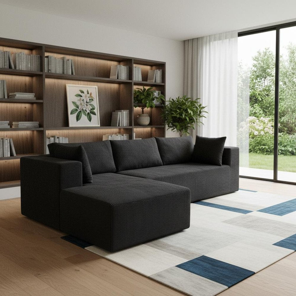 105" Black Corduroy Modular Left Chaise Style Sofa With Toss Pillows