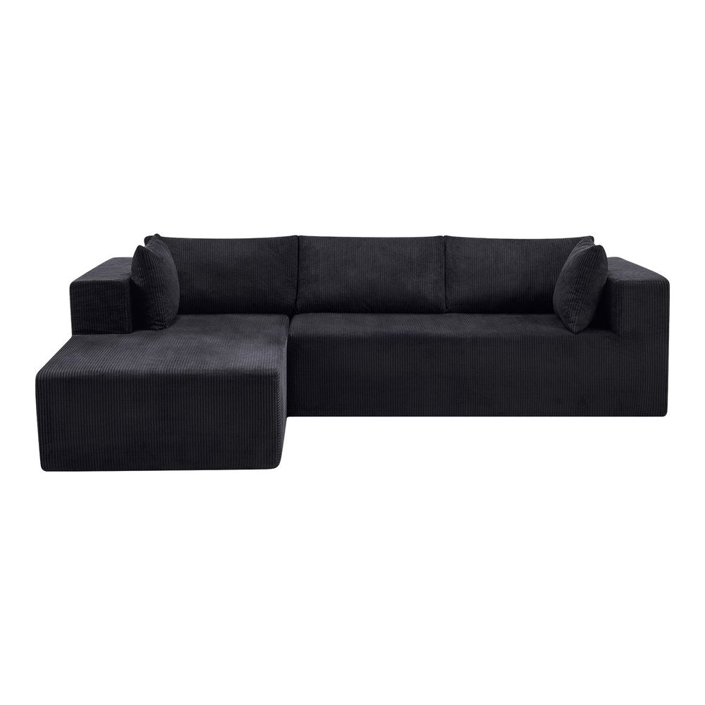 105" Black Corduroy Modular Left Chaise Style Sofa With Toss Pillows