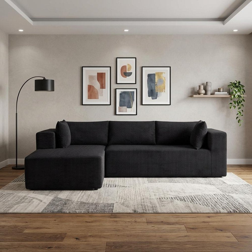 105" Black Corduroy Modular Left Chaise Style Sofa With Toss Pillows