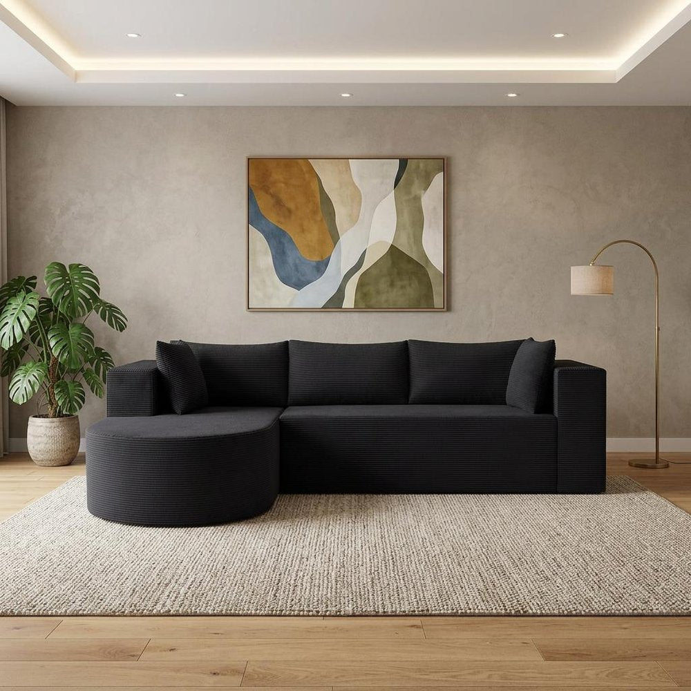 105" Black Corduroy Modular Left Rounded Chaise Style Sofa With Toss Pillows