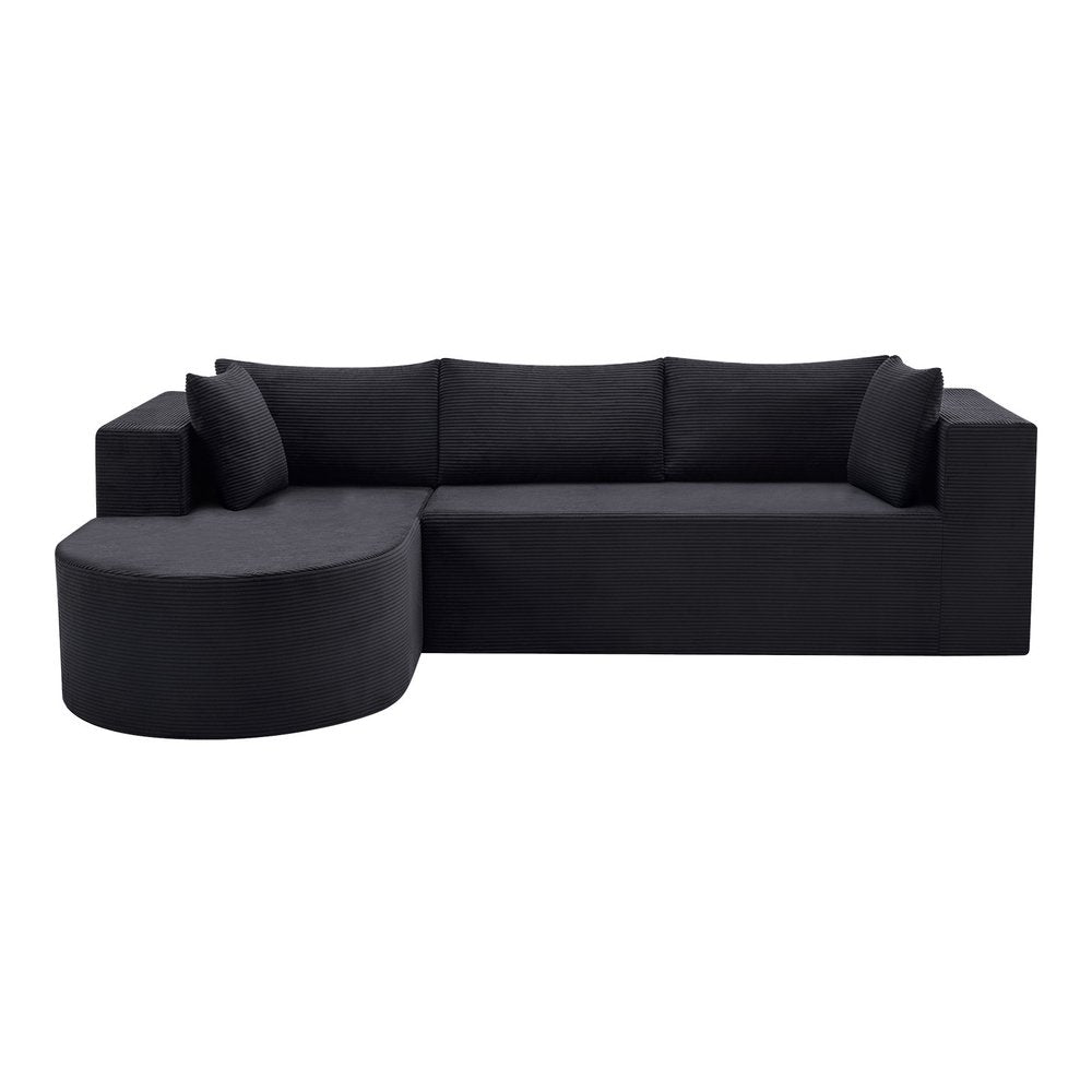 105" Black Corduroy Modular Left Rounded Chaise Style Sofa With Toss Pillows