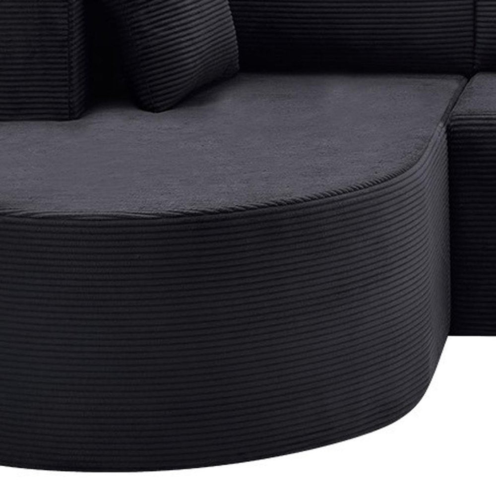 105" Black Corduroy Modular Left Rounded Chaise Style Sofa With Toss Pillows