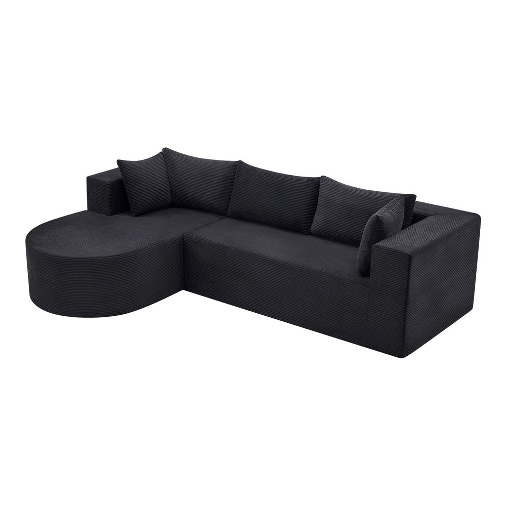 105" Black Corduroy Modular Left Rounded Chaise Style Sofa With Toss Pillows
