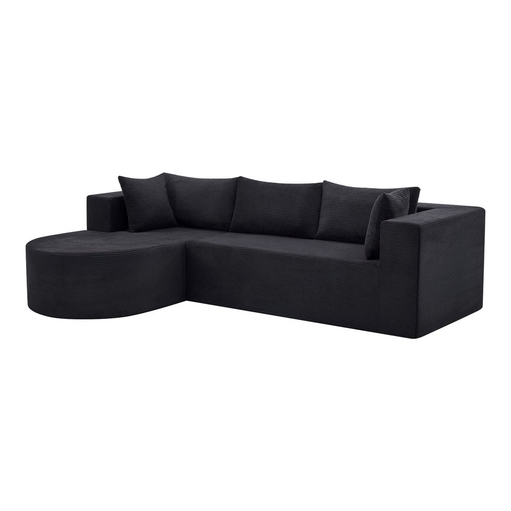 105" Black Corduroy Modular Left Rounded Chaise Style Sofa With Toss Pillows