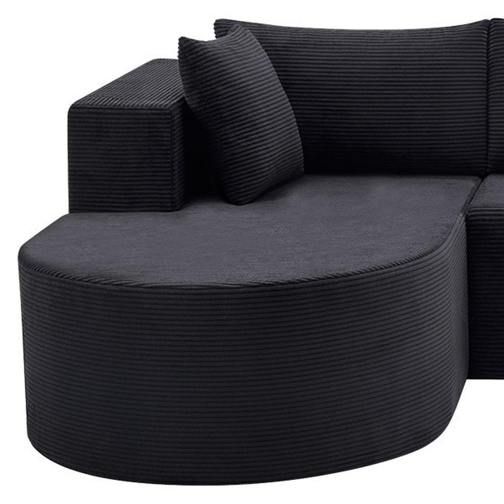 105" Black Corduroy Modular Left Rounded Chaise Style Sofa With Toss Pillows