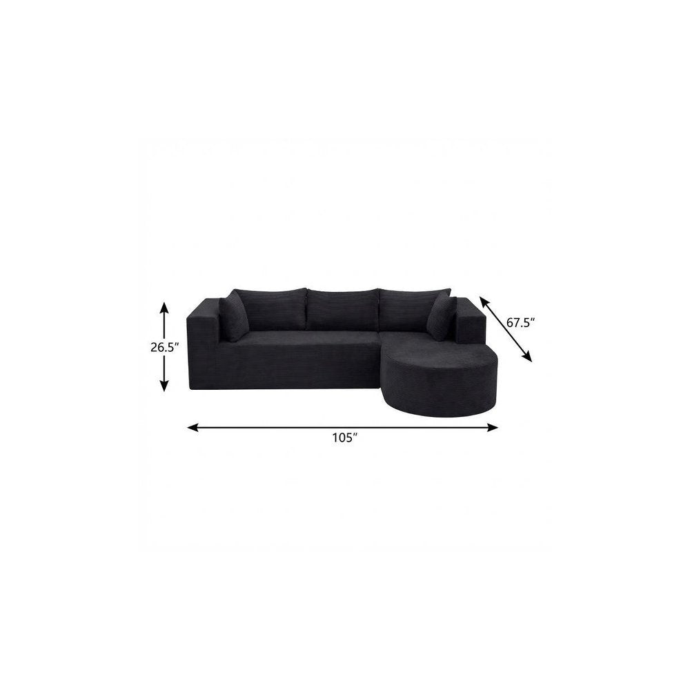 105" Black Corduroy Modular Right Rounded Chaise Style Sofa With Toss Pillows