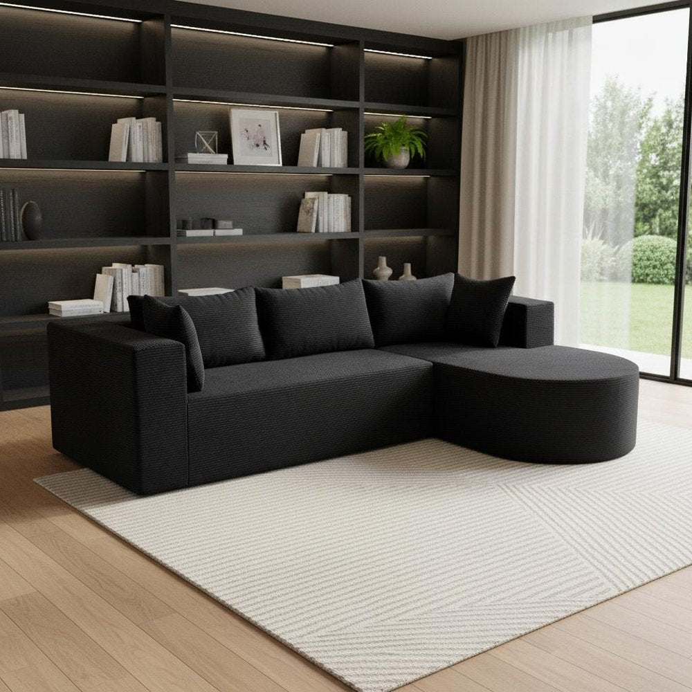105" Black Corduroy Modular Right Rounded Chaise Style Sofa With Toss Pillows