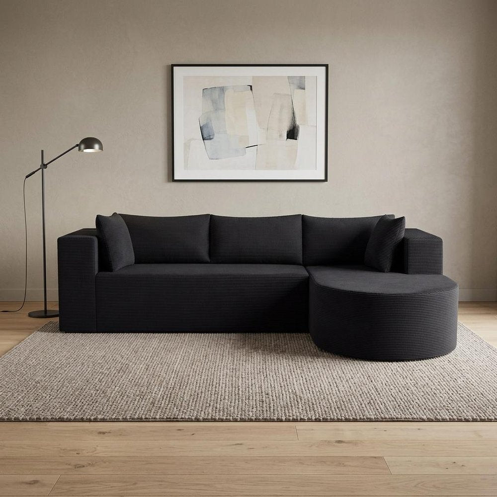 105" Black Corduroy Modular Right Rounded Chaise Style Sofa With Toss Pillows