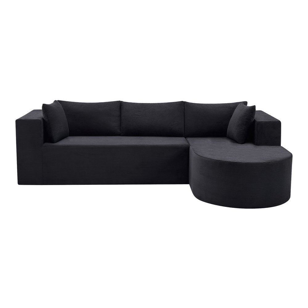 105" Black Corduroy Modular Right Rounded Chaise Style Sofa With Toss Pillows