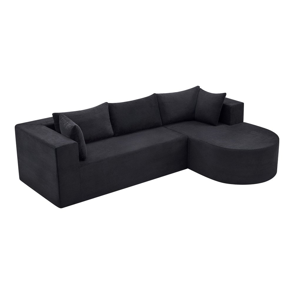 105" Black Corduroy Modular Right Rounded Chaise Style Sofa With Toss Pillows