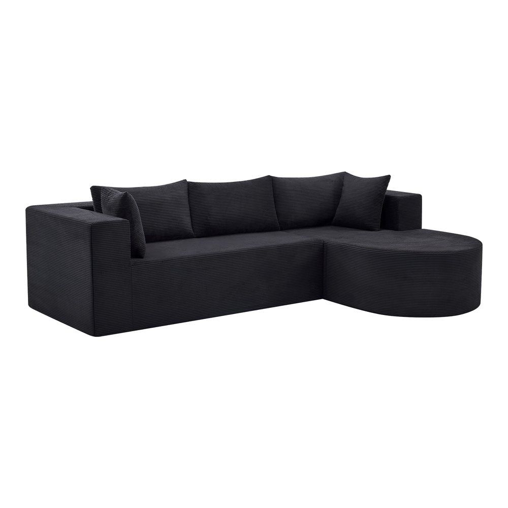 105" Black Corduroy Modular Right Rounded Chaise Style Sofa With Toss Pillows